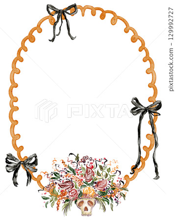Oval whimsical frame template with bows and bouquet in a skull-shaped vase. Halloween party concept for flyer, poster, brochure, and greeting. Hand drawn spooky illustration for holiday designs. Oval whimsical frame template with bows and bouquet in a skull-shaped vase. Halloween party concept for flyer, poster, brochure, and greeting. Hand drawn spooky illustration for holiday designs. 129992727