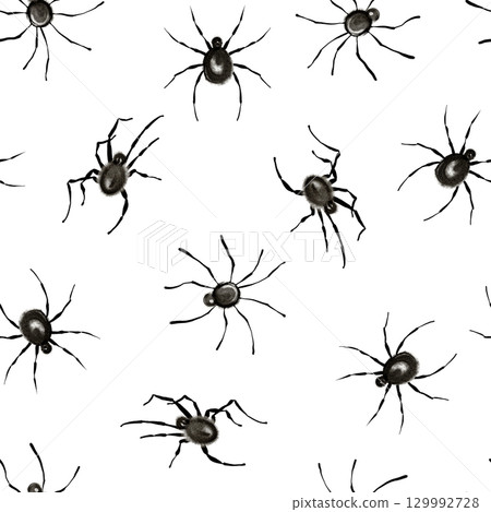 Seamless pattern with black spiders on white background. Hand drawn minimalistic design for textile print, wrapping paper, wallpaper, packaging, and halloween decoration. Monochrome insect backdrop. Seamless pattern with black spiders on white background. Hand drawn minimalistic design for textile print, wrapping paper, wallpaper, packaging, and halloween decoration. Monochrome insect backdrop. 129992728