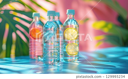 Three drinkware bottles of aqua with lemon slices on a table Three drinkware bottles of aqua with lemon slices on a table 129993234