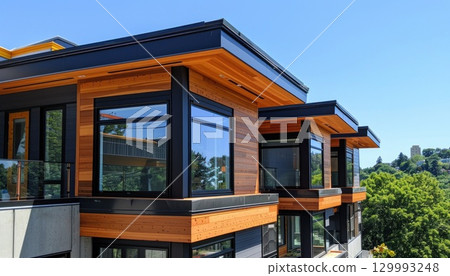 Modern house with large windows, wooden roof, and sleek facade Modern house with large windows, wooden roof, and sleek facade 129993248