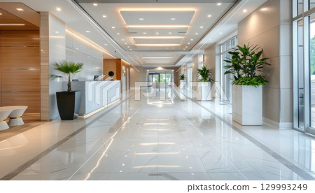 Hotel hallway with reception desk, potted plants, and long floor Hotel hallway with reception desk, potted plants, and long floor 129993249
