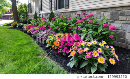 Colorful flowers line the front of the house, enhancing the landscape Colorful flowers line the front of the house, enhancing the landscape 129993250