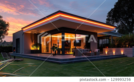 A modern house with large windows brightly illuminated against the night sky A modern house with large windows brightly illuminated against the night sky 129993256