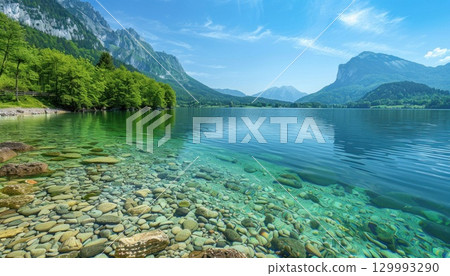 Scenic lake with surrounding mountains and trees under the sunny sky Scenic lake with surrounding mountains and trees under the sunny sky 129993290