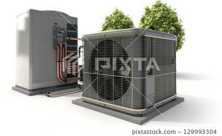 Two air conditioners placed side by side on a white background 129993304
