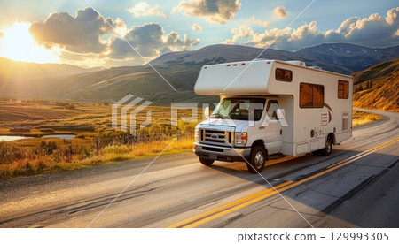 A car with mountains in the background drives on asphalt 129993305