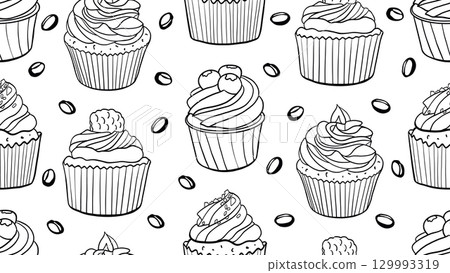 Cupcakes with cream, raspberry, ganache and chocolate chips. Doodle style drawing. Vector seamless pattern. Holiday desserts, pastries. 129993319