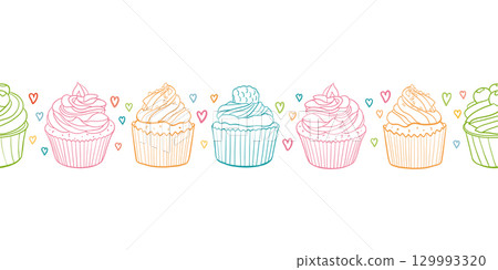 Cute hand drawn cupcakes vector seamless pattern, sweet border background with cakes and hearts Cute hand drawn cupcakes vector seamless pattern, sweet border background with cakes and hearts 129993320