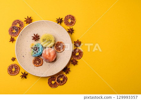 Chinese mooncake is an Asian sweet dessert. Asian mooncake as a background for your design 129993357