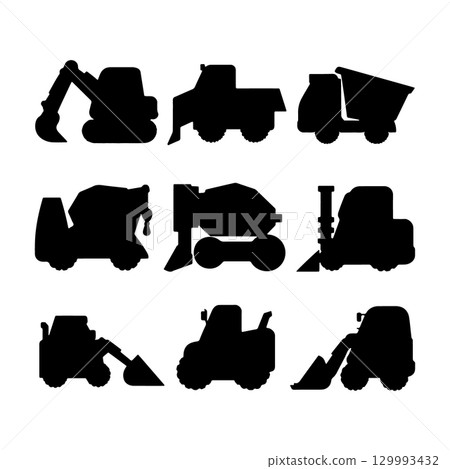 Various construction vehicles lined up in silhouette against a light background Various construction vehicles lined up in silhouette against a light background 129993432