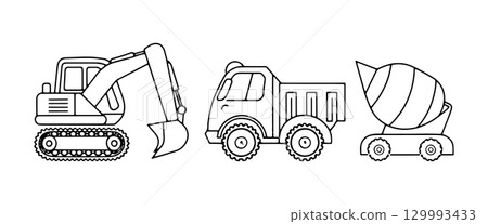 Construction machinery including excavator, truck, and concrete mixer on a plain background for educational purposes 129993433