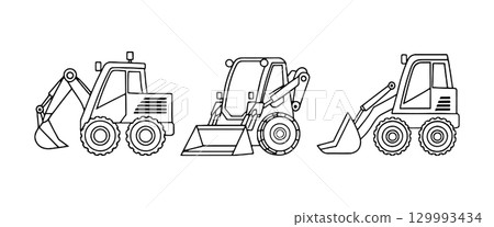 Construction equipment outlines showcasing diggers, loaders, and backhoe designs in a simple black and white illustration 129993434