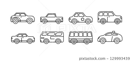 Collection of various vehicle illustrations featuring different styles and designs 129993439