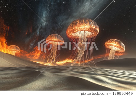 Massive glowing jellyfish hovering over desert dunes under starry sky Massive glowing jellyfish hovering over desert dunes under starry sky 129993449