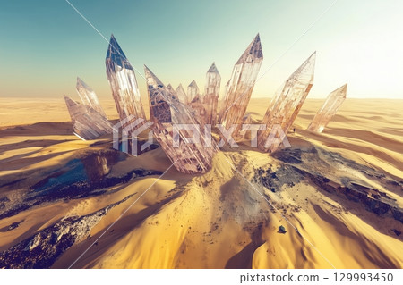 Desert landscape with giant crystal structures jutting from sand surreal sci-fi composition Desert landscape with giant crystal structures jutting from sand surreal sci-fi composition 129993450