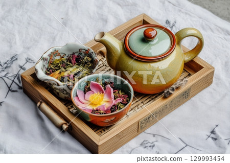 Ceramic teapot on bamboo tray with blooming tea Ceramic teapot on bamboo tray with blooming tea 129993454