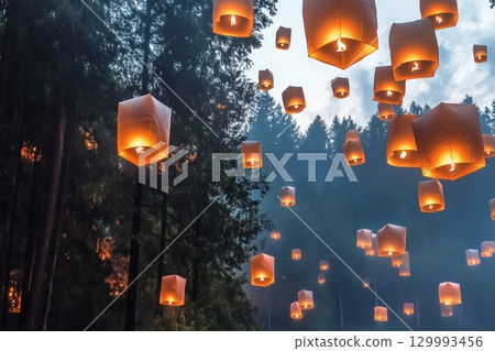 Floating paper lanterns drifting across misty lake at twilight Floating paper lanterns drifting across misty lake at twilight 129993456