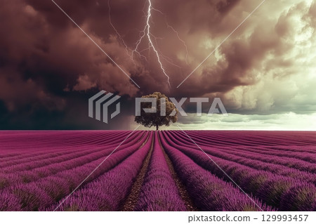 Thunderstorm approaching over endless lavender fields 129993457