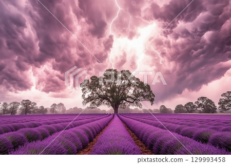 Thunderstorm approaching over endless lavender fields 129993458