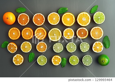 Flat lay of citrus fruits sliced on slate surface with scattered mint leaves fresh and vibrant 129993464