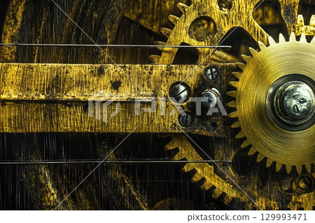 Close-up of golden gears turning inside vintage clock mechanism steampunk texture study Close-up of golden gears turning inside vintage clock mechanism steampunk texture study 129993471