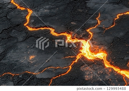 Close-up of cracked volcanic rock with glowing lava lines Close-up of cracked volcanic rock with glowing lava lines 129993488