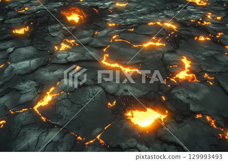Close-up of cracked volcanic rock with glowing lava lines 129993493