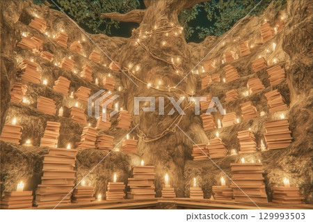 Fantasy library with big oak Fantasy library with big oak 129993503