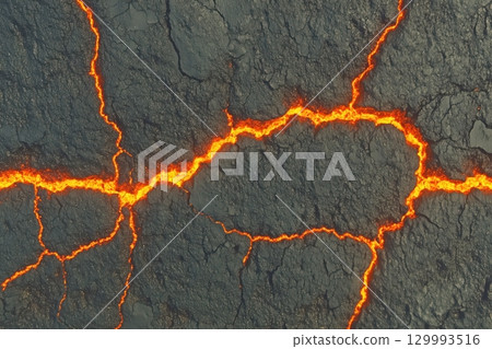 Close-up of cracked volcanic rock with glowing lava lines 129993516