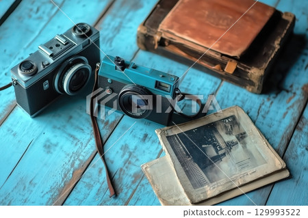 Flat lay of retro gadgets: analog camera, vinyl record bold 80s 129993522