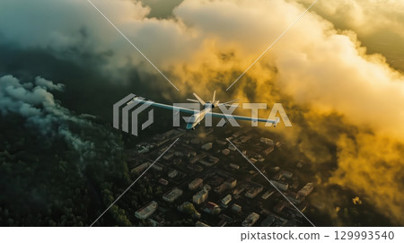 Military UAV over city. 129993540