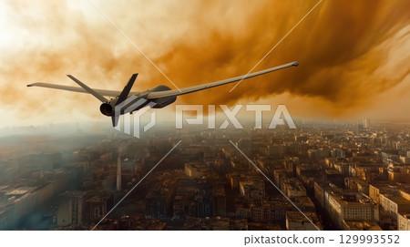 Military UAV over city. 129993552