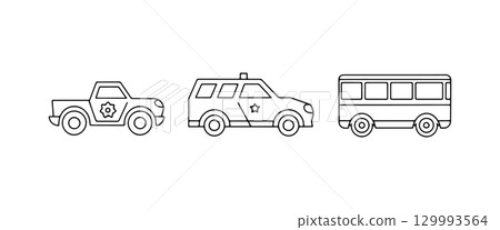 Different types of vehicles including a police car, an SUV, and a bus displayed in a simple line art style 129993564