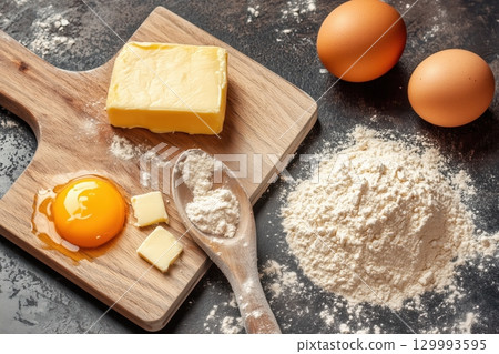 Flat lay of baking ingredients: flour, eggs, butter Flat lay of baking ingredients: flour, eggs, butter 129993595