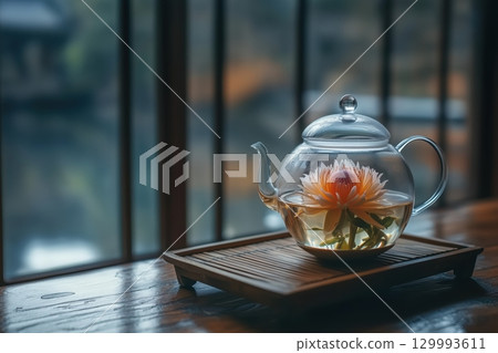 Ceramic teapot on bamboo tray with blooming tea 129993611