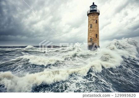 Stormy sea waves with dramatic sky and lighthouse on distant cliff intense mood Stormy sea waves with dramatic sky and lighthouse on distant cliff intense mood 129993620