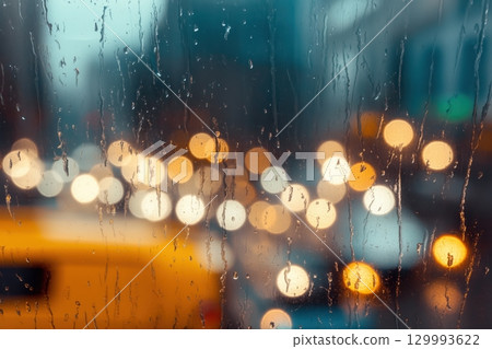 Close-up of raindrops on window with city lights blurred in background 129993622