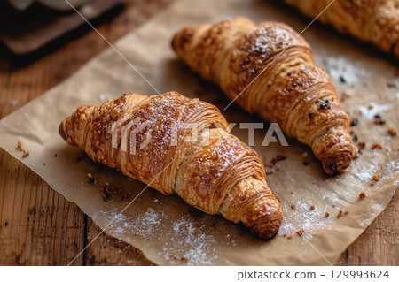 Top-down view of freshly baked croissants on parchment paper, sprinkled with powdered sugar. 129993624