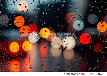 Close-up of raindrops on window with city lights blurred in background 129993625