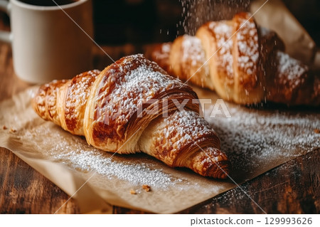 Top-down view of freshly baked croissants on parchment paper, sprinkled with powdered sugar and coffee cup. Top-down view of freshly baked croissants on parchment paper, sprinkled with powdered sugar and coffee cup. 129993626