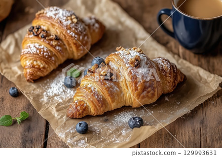Top-down view of freshly baked croissants on parchment paper, sprinkled with powdered sugar and coffee cup. 129993631