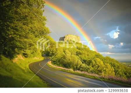 Rainbow over quiet countryside road with wildflowers on roadside serene travel mood Rainbow over quiet countryside road with wildflowers on roadside serene travel mood 129993638