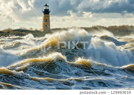 Stormy sea waves with dramatic sky and lighthouse on distant cliff intense mood 129993639