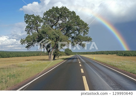 Rainbow over quiet countryside road with wildflowers on roadside serene travel mood 129993640