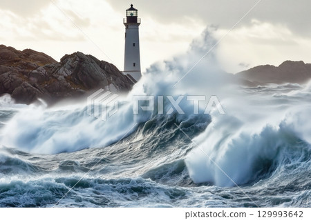 Stormy sea waves with dramatic sky and lighthouse on distant cliff intense mood 129993642