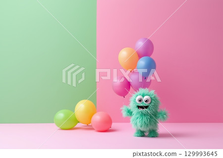 Bubble-shaped monster floating with balloons. colorful background 129993645