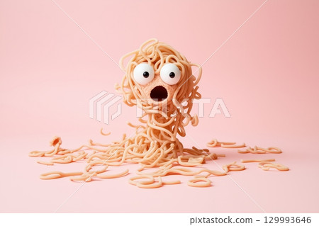 Fluffy spaghetti monster tangled in its own noodles 129993646