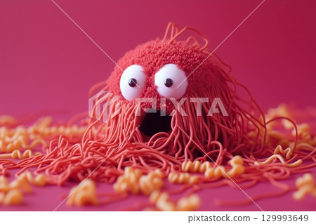 Fluffy spaghetti monster tangled in its own noodles 129993649