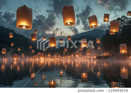 Floating paper lanterns drifting across misty lake at twilight 129993659