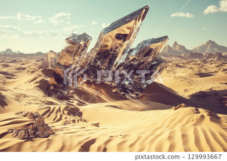 Desert landscape with giant crystal structures jutting from sand surreal sci-fi composition Desert landscape with giant crystal structures jutting from sand surreal sci-fi composition 129993667
